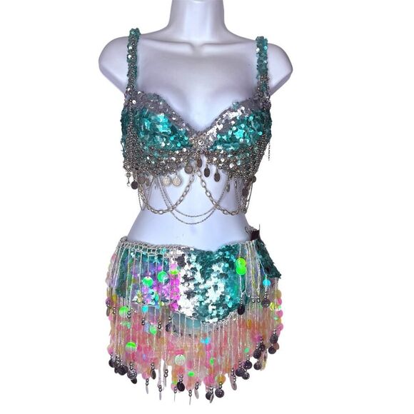 BellyDance Costume Bra & Hip Belt Set Coins & Sequins 36B Belt 33” Aqua & Silver - Picture 1 of 11